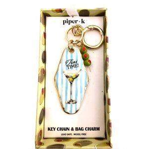 Tini Time Martini Glass Keychain Retro Cocktail Bag Charm Blue Stripe Olives NIB